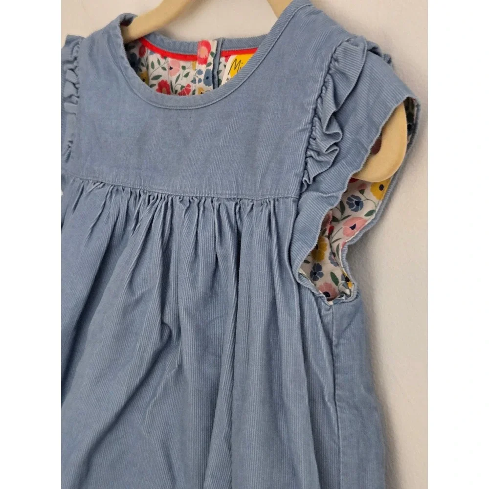 Mini Boden Girls Blue Corduroy Floral Lined Ruffle‎ Dress 3-4Y 104cm
